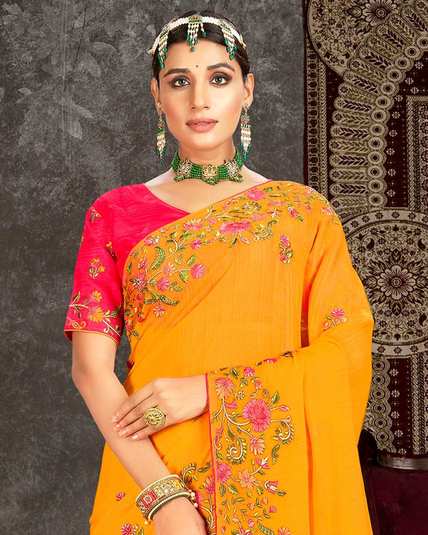 Vishal Prints Yellowish Orange Fancy Chiffon Embroidery Work Saree With Core Piping