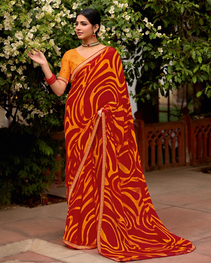Vishal Prints Orange Red Printed Chiffon Saree With Zari Border