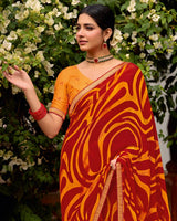 Vishal Prints Orange Red Printed Chiffon Saree With Zari Border