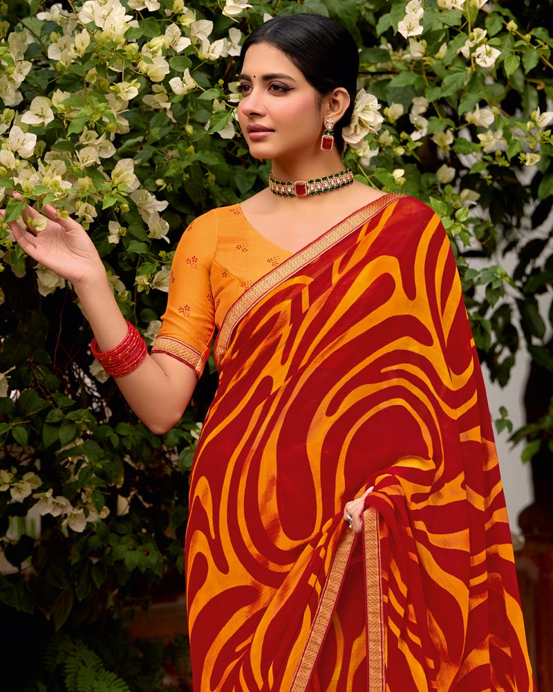 Vishal Prints Orange Red Printed Chiffon Saree With Zari Border