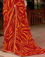 Vishal Prints Orange Red Printed Chiffon Saree With Zari Border