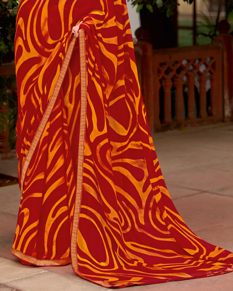 Vishal Prints Orange Red Printed Chiffon Saree With Zari Border