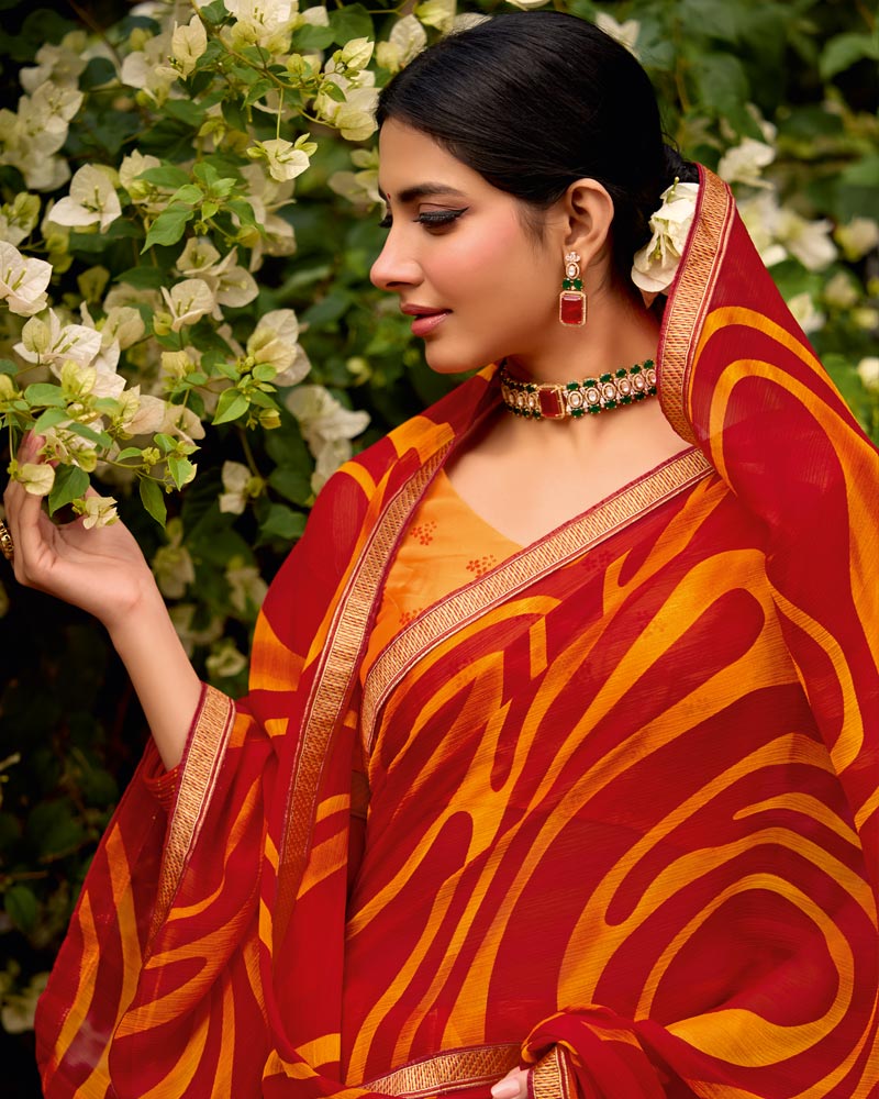 Vishal Prints Orange Red Printed Chiffon Saree With Zari Border