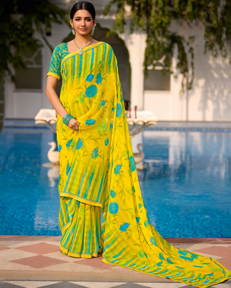 Vishal Prints Yellow Floral Printed Chiffon Saree With Fancy Border