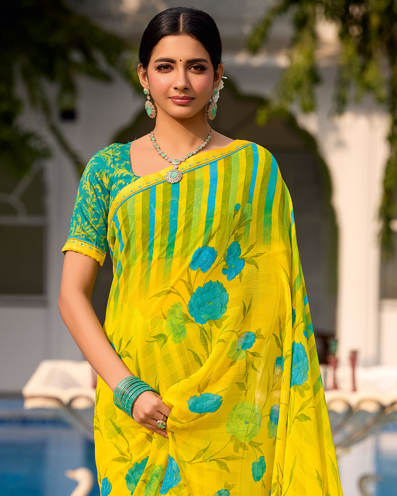 Vishal Prints Yellow Floral Printed Chiffon Saree With Fancy Border