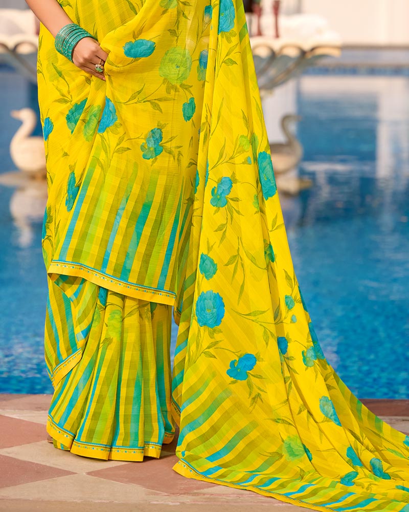 Vishal Prints Yellow Floral Printed Chiffon Saree With Fancy Border