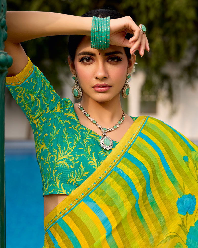 Vishal Prints Yellow Floral Printed Chiffon Saree With Fancy Border