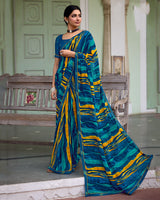 Vishal Prints Dark Blue Printed Chiffon Saree With Zari Border