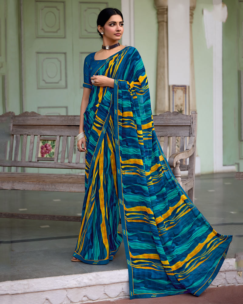 Vishal Prints Dark Blue Printed Chiffon Saree With Zari Border