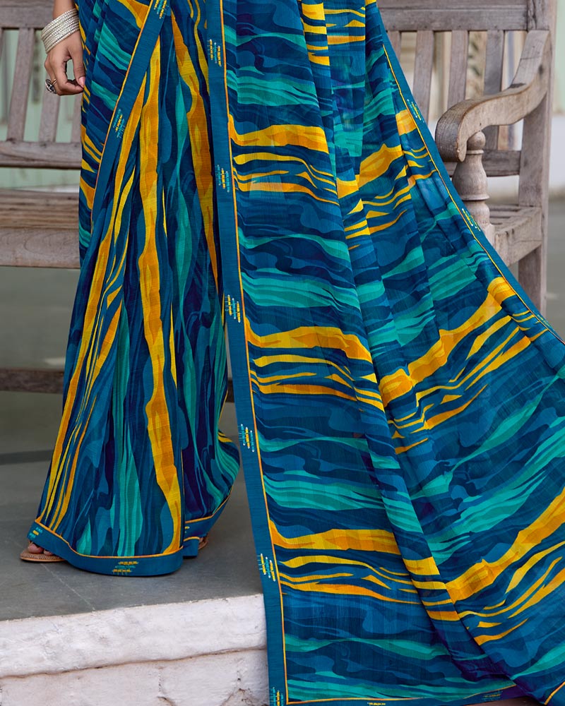 Vishal Prints Dark Blue Printed Chiffon Saree With Zari Border
