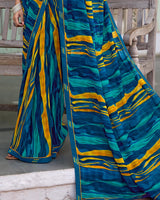 Vishal Prints Dark Blue Printed Chiffon Saree With Zari Border