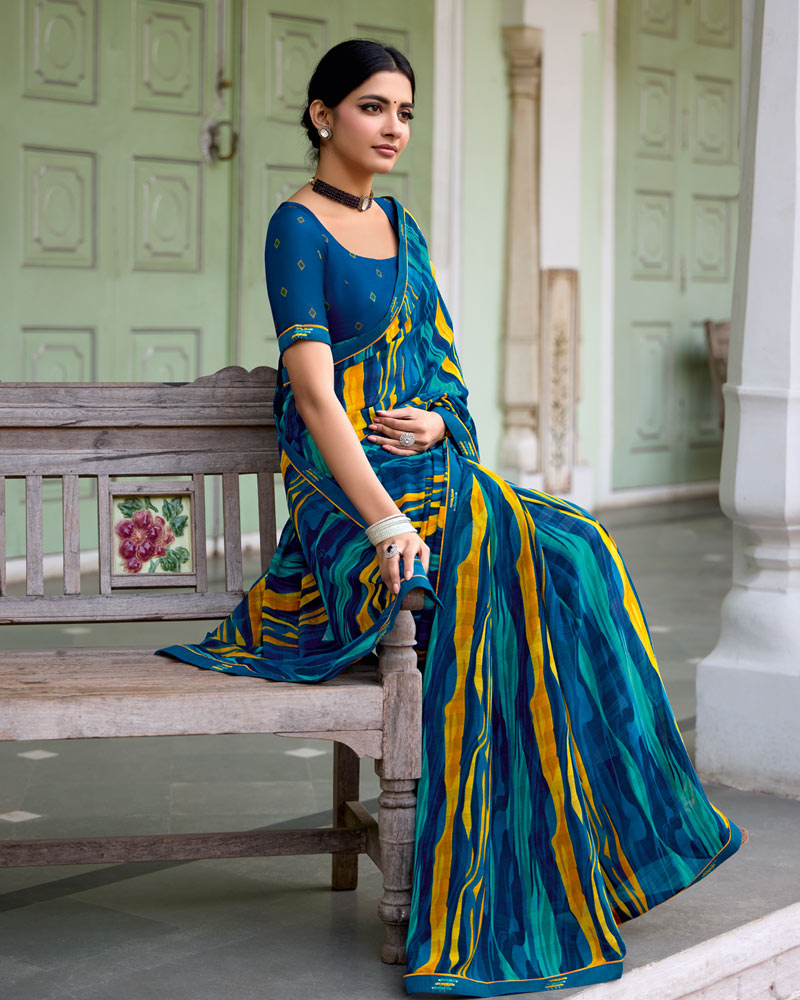 Vishal Prints Dark Blue Printed Chiffon Saree With Zari Border