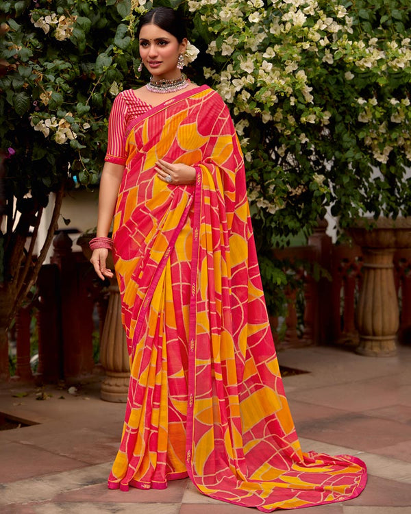 Vishal Prints Flamingo Pink Printed Chiffon Saree With Zari Border
