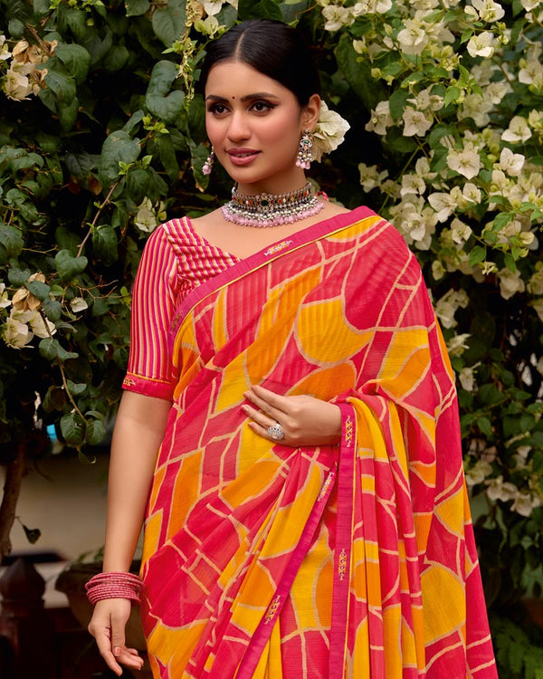 Vishal Prints Flamingo Pink Printed Chiffon Saree With Zari Border