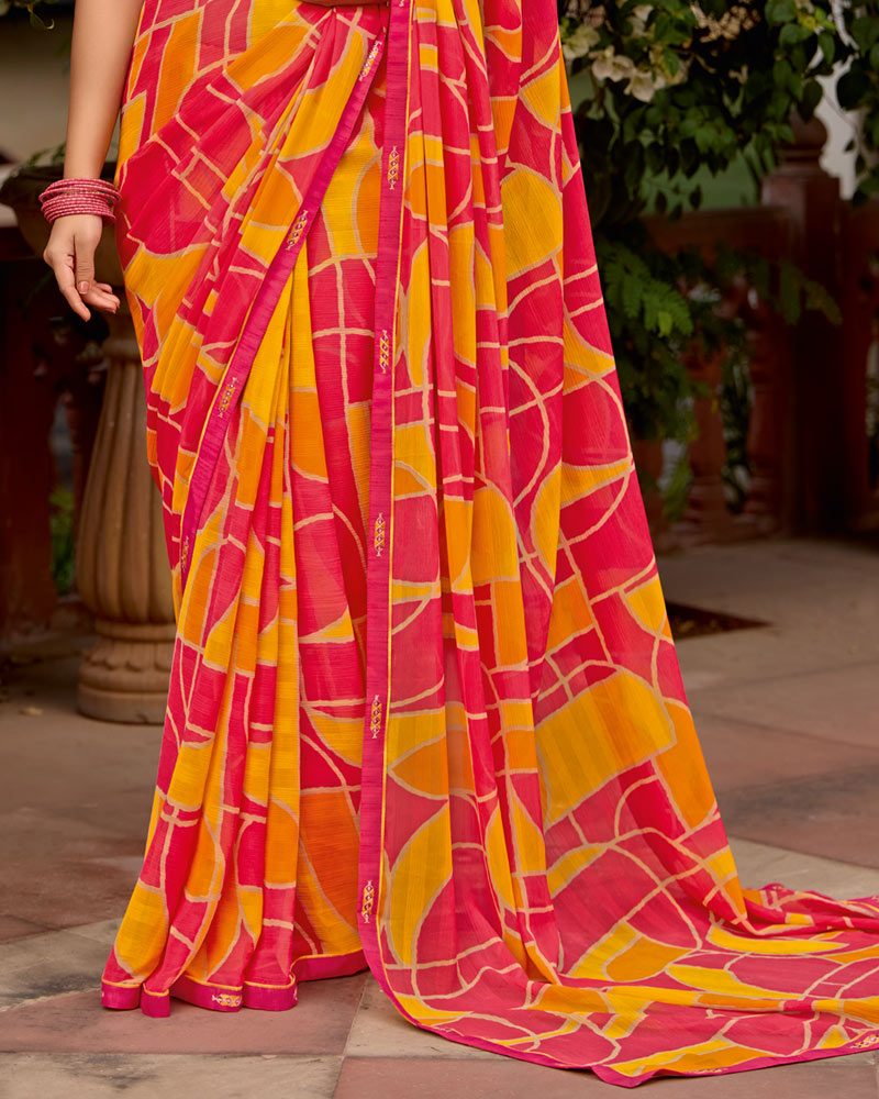 Vishal Prints Flamingo Pink Printed Chiffon Saree With Zari Border