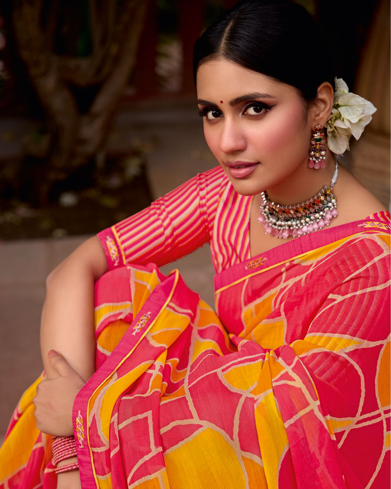 Vishal Prints Flamingo Pink Printed Chiffon Saree With Zari Border