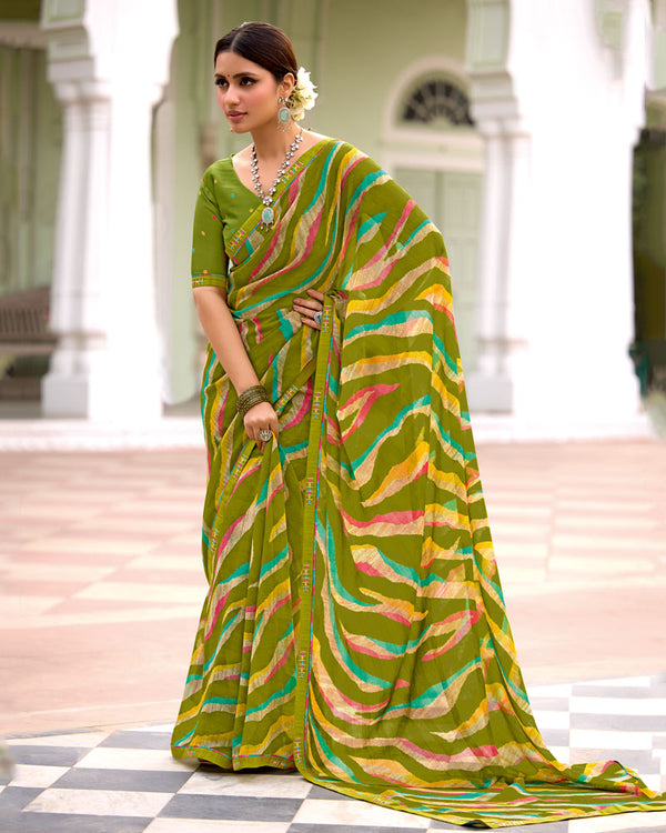 Vishal Prints Mehandi Green Printed Chiffon Saree With Zari Border