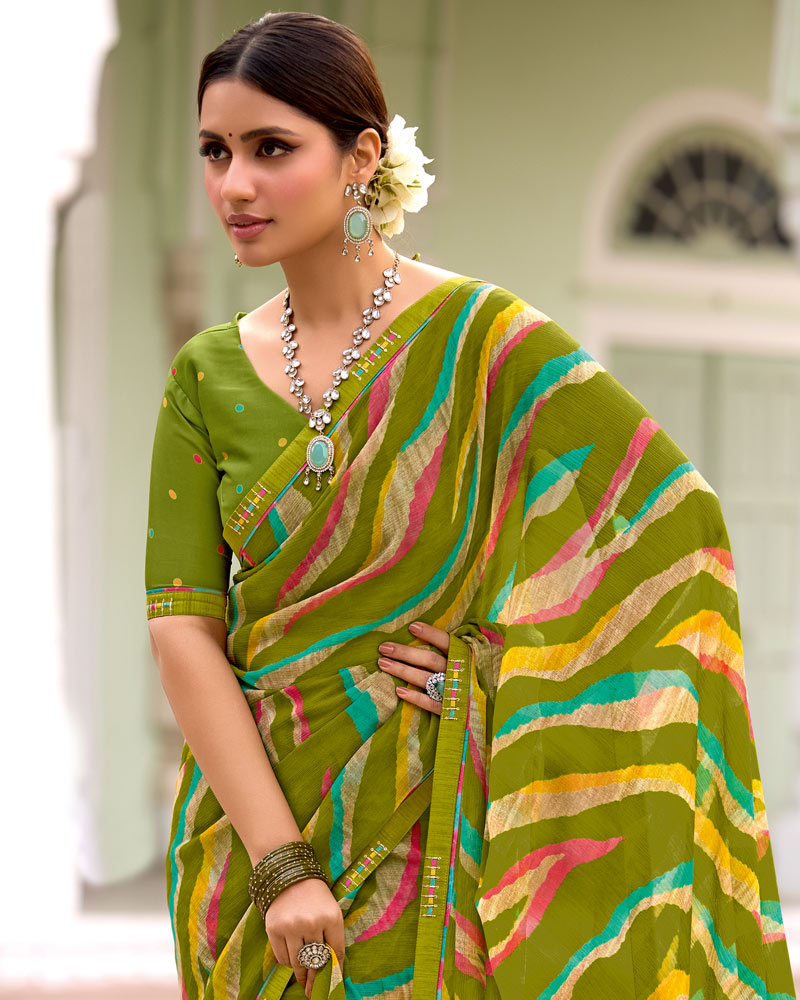 Vishal Prints Mehandi Green Printed Chiffon Saree With Zari Border