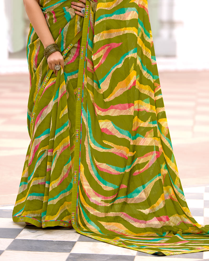 Vishal Prints Mehandi Green Printed Chiffon Saree With Zari Border