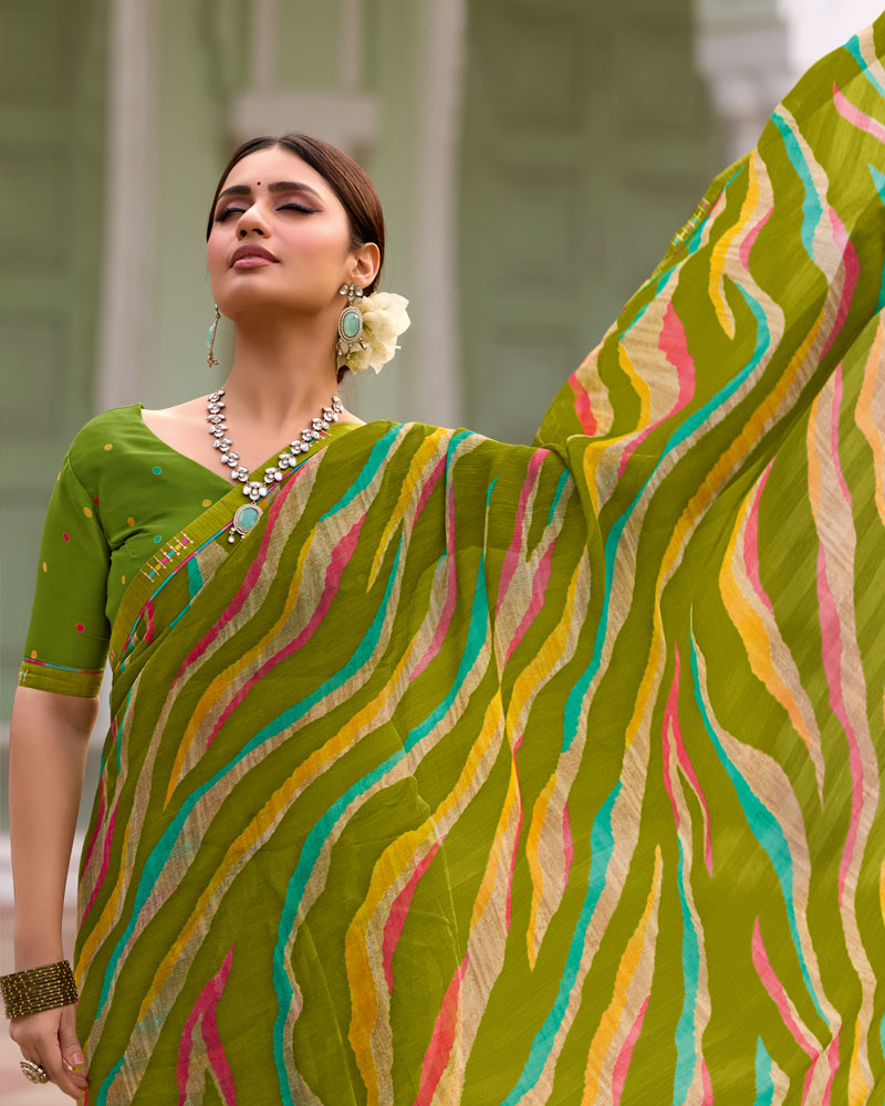 Vishal Prints Mehandi Green Printed Chiffon Saree With Zari Border