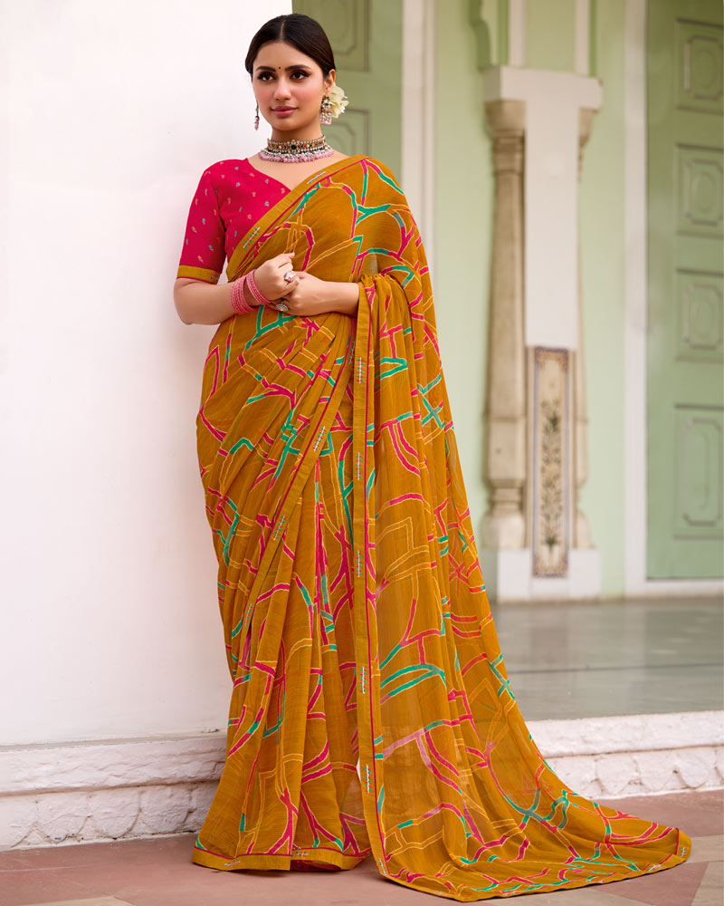 Vishal Prints Dusty Orange Printed Chiffon Saree With Zari Border