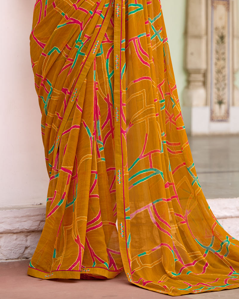 Vishal Prints Dusty Orange Printed Chiffon Saree With Zari Border