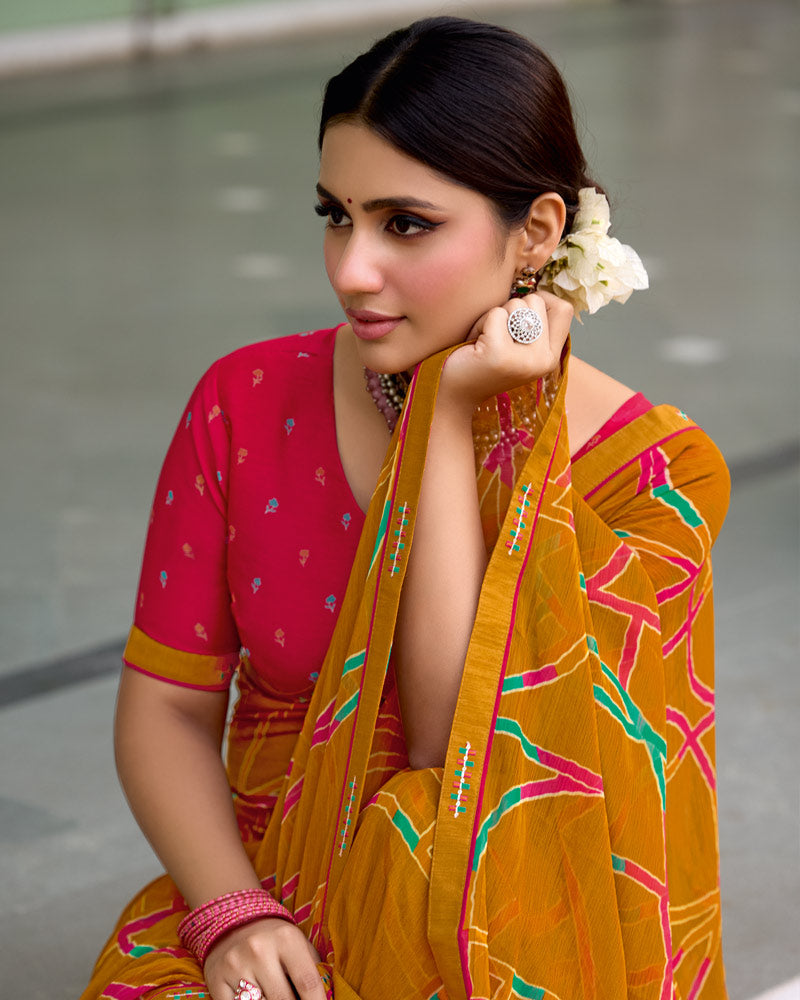 Vishal Prints Dusty Orange Printed Chiffon Saree With Zari Border