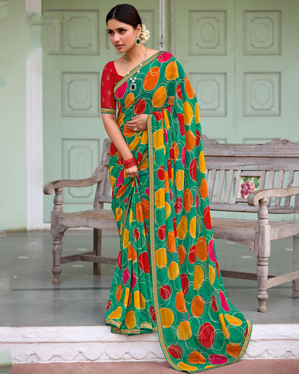 Vishal Prints Teal Green Printed Chiffon Saree With Zari Border