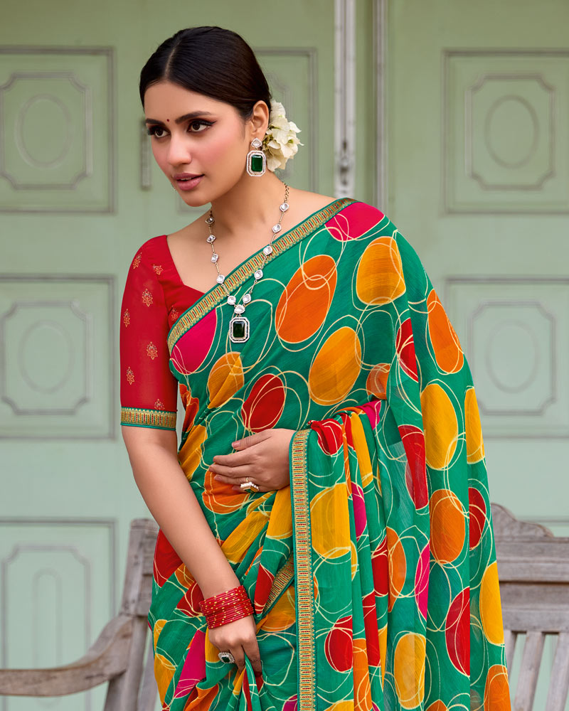 Vishal Prints Teal Green Printed Chiffon Saree With Zari Border