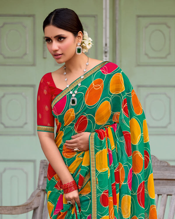 Vishal Prints Teal Green Printed Chiffon Saree With Zari Border