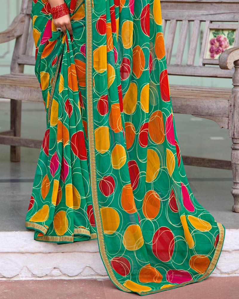 Vishal Prints Teal Green Printed Chiffon Saree With Zari Border