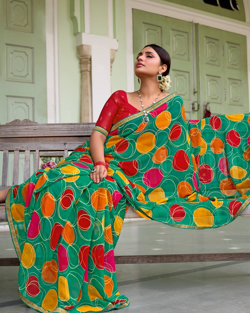 Vishal Prints Teal Green Printed Chiffon Saree With Zari Border