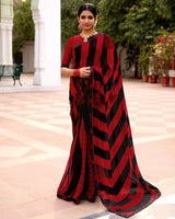 Vishal Prints Red Black Stripped Printed Chiffon Saree With Fancy Border