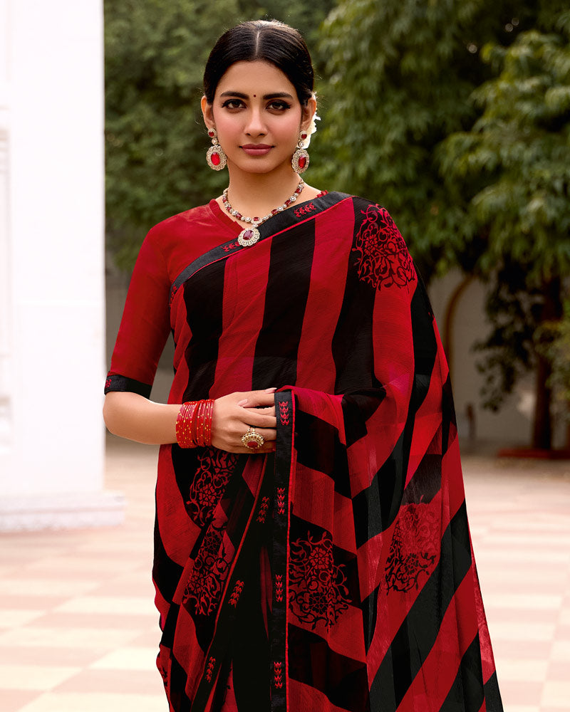 Vishal Prints Red Black Stripped Printed Chiffon Saree With Fancy Border