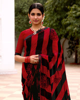 Vishal Prints Red Black Stripped Printed Chiffon Saree With Fancy Border