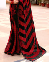 Vishal Prints Red Black Stripped Printed Chiffon Saree With Fancy Border