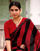 Vishal Prints Red Black Stripped Printed Chiffon Saree With Fancy Border