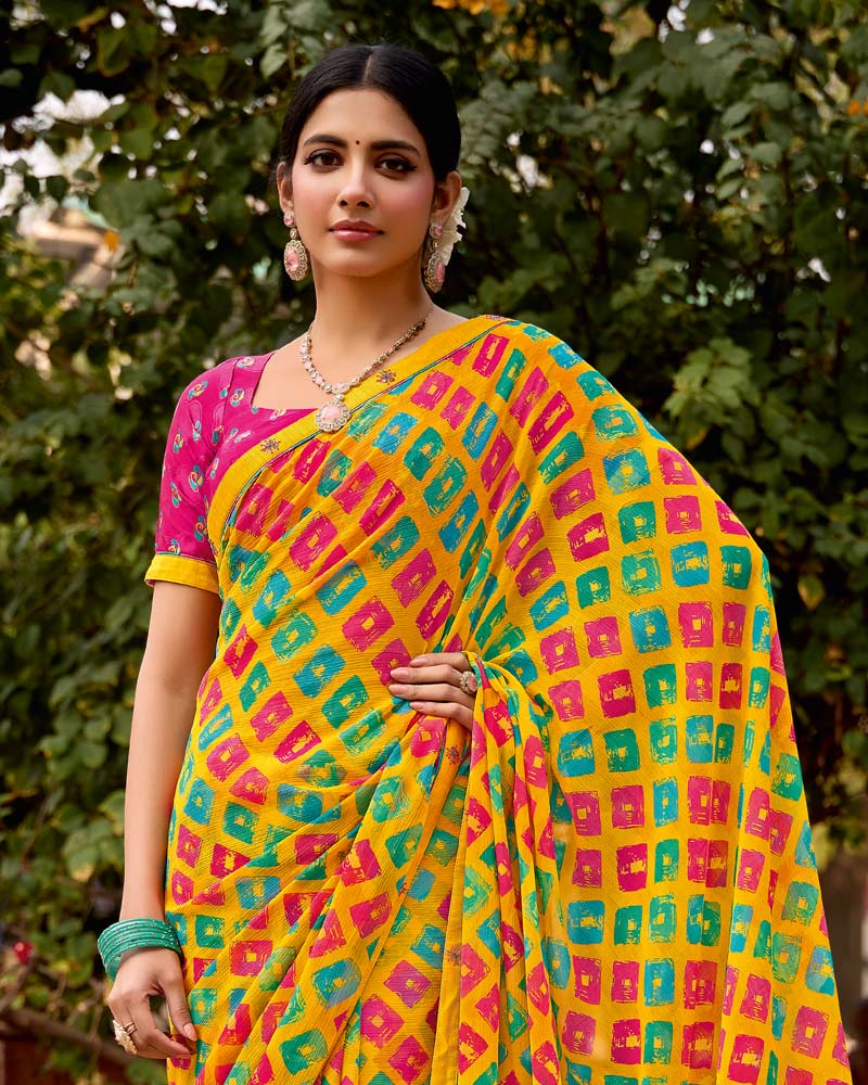 Vishal Prints Multi Colour Printed Chiffon Saree With Zari Border
