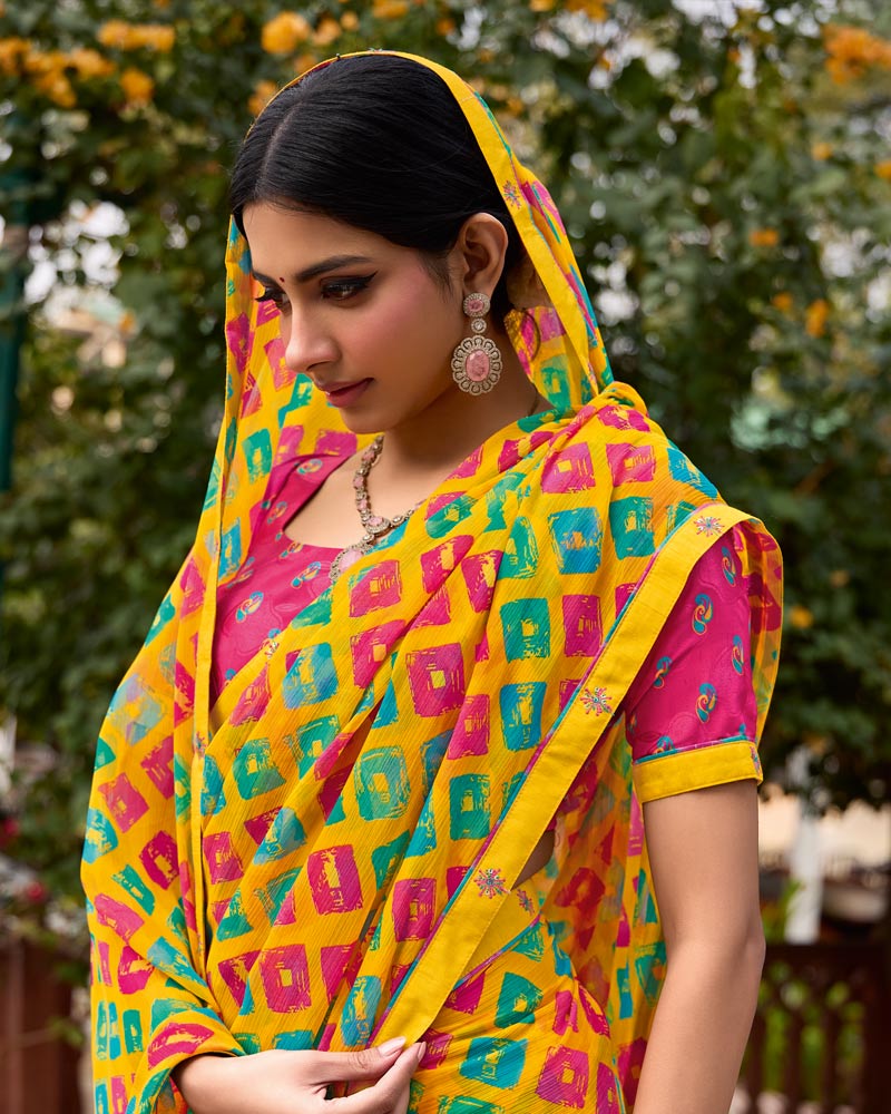 Vishal Prints Multi Colour Printed Chiffon Saree With Zari Border