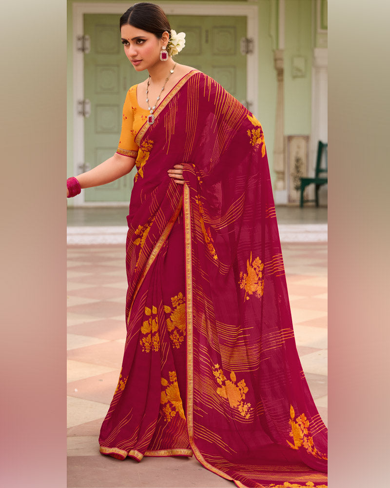 Vishal Prints Raspberry Printed Chiffon Saree With Zari Border