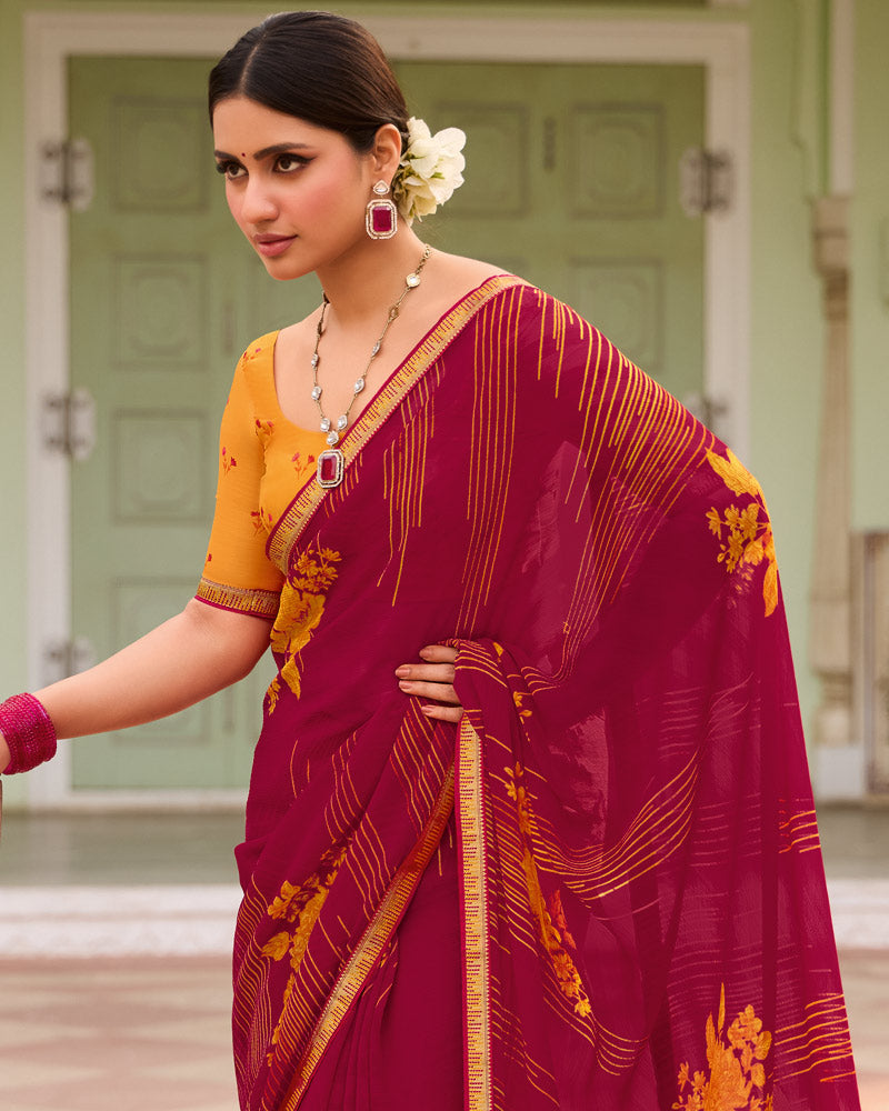 Vishal Prints Raspberry Printed Chiffon Saree With Zari Border