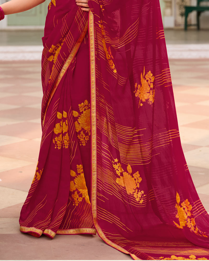 Vishal Prints Raspberry Printed Chiffon Saree With Zari Border