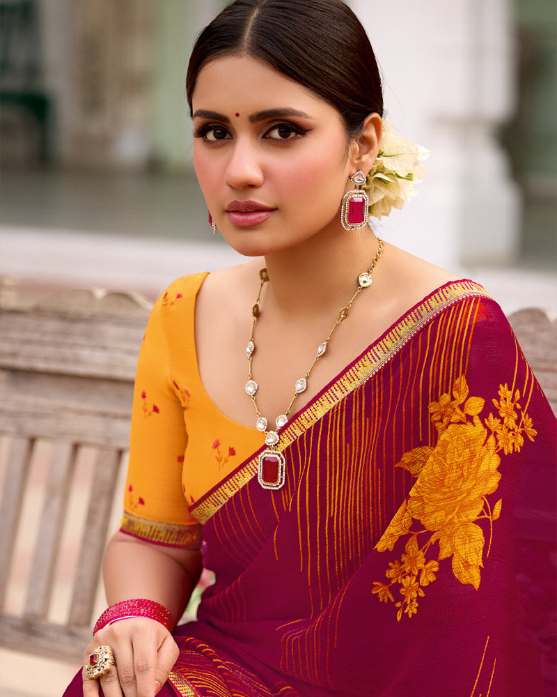 Vishal Prints Raspberry Printed Chiffon Saree With Zari Border