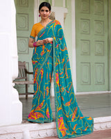 Vishal Prints Pale Blue Printed Chiffon Saree With Zari Border