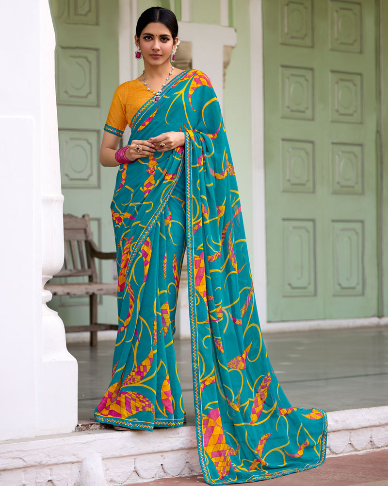 Vishal Prints Pale Blue Printed Chiffon Saree With Zari Border