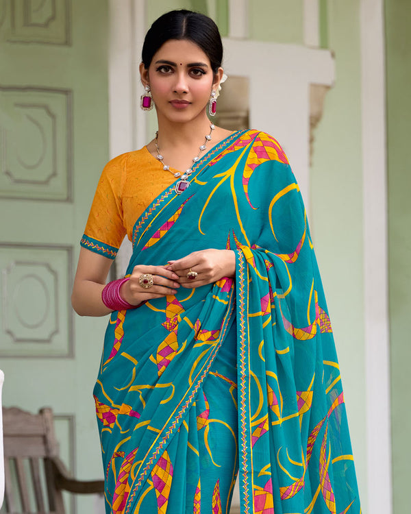 Vishal Prints Pale Blue Printed Chiffon Saree With Zari Border