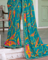 Vishal Prints Pale Blue Printed Chiffon Saree With Zari Border