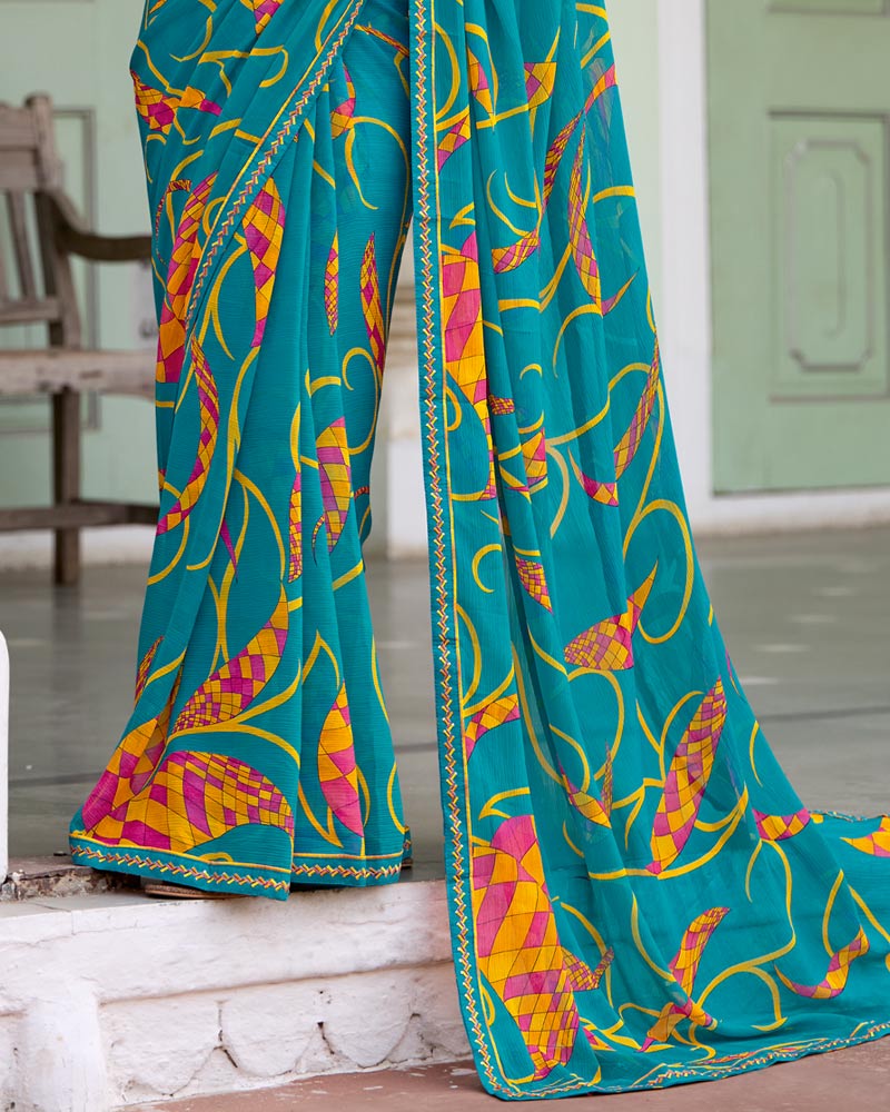 Vishal Prints Pale Blue Printed Chiffon Saree With Zari Border