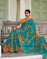 Vishal Prints Pale Blue Printed Chiffon Saree With Zari Border