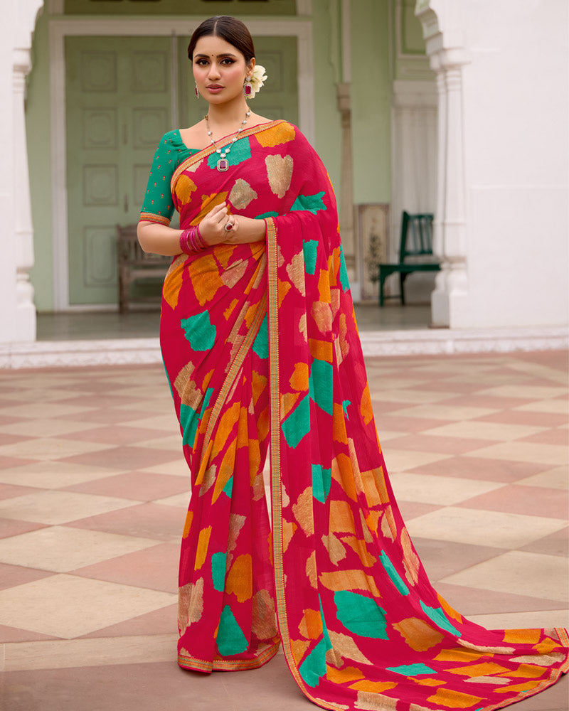 Vishal Prints Tomato Pink Printed Chiffon Saree With Zari Border